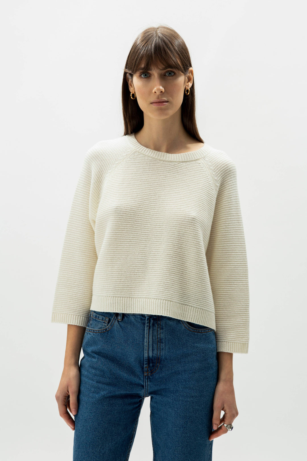 Cashmere Mix Cropped 3/4 Sleeve Pullover: M / Camel