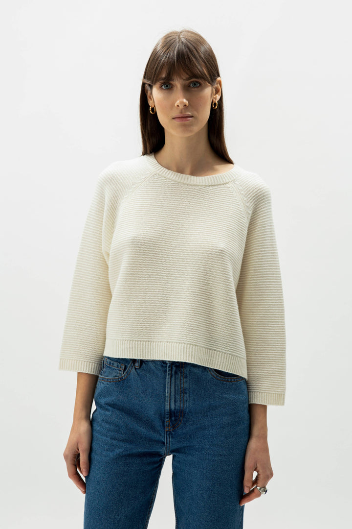 Cashmere Mix Cropped 3/4 Sleeve Pullover: M / Camel