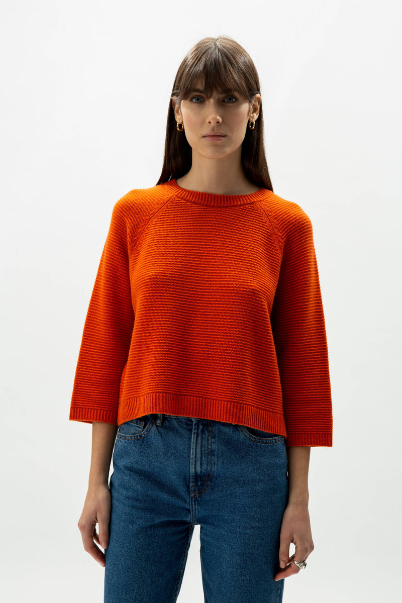 Cashmere Mix Cropped 3/4 Sleeve Pullover: L / Camel
