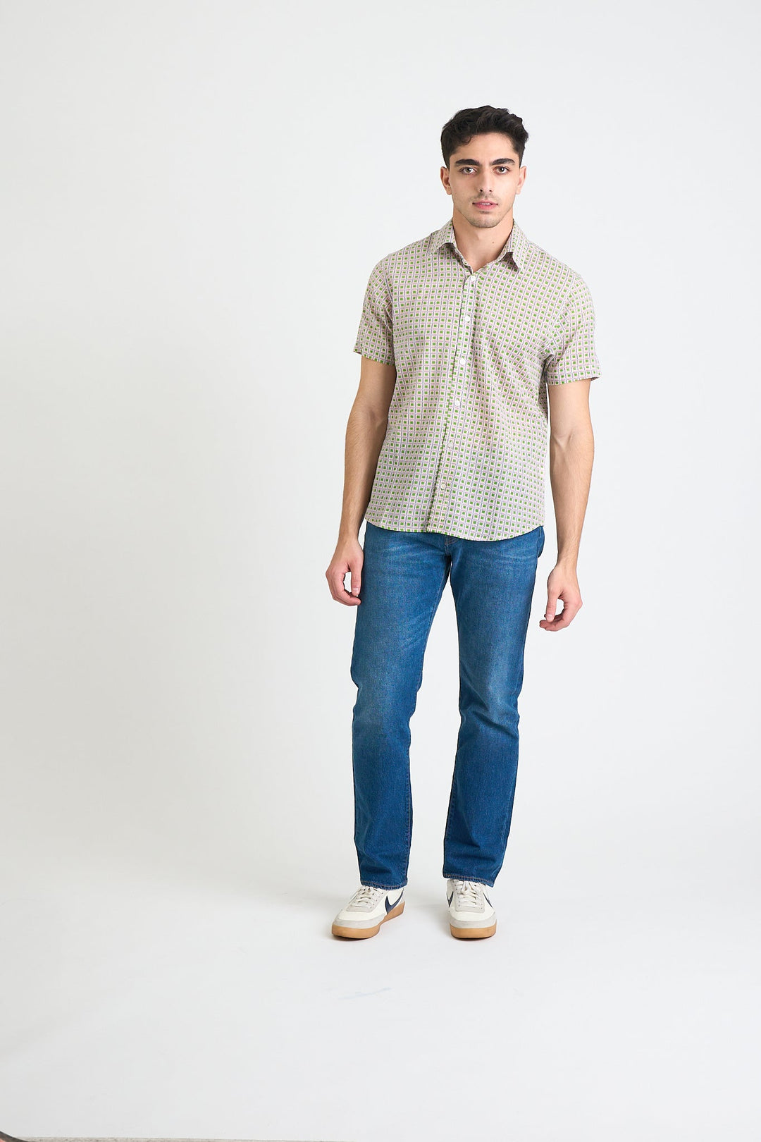 Hand Block Printed 'The Sheril' Short Sleeve Shirt in Neon Green Grid