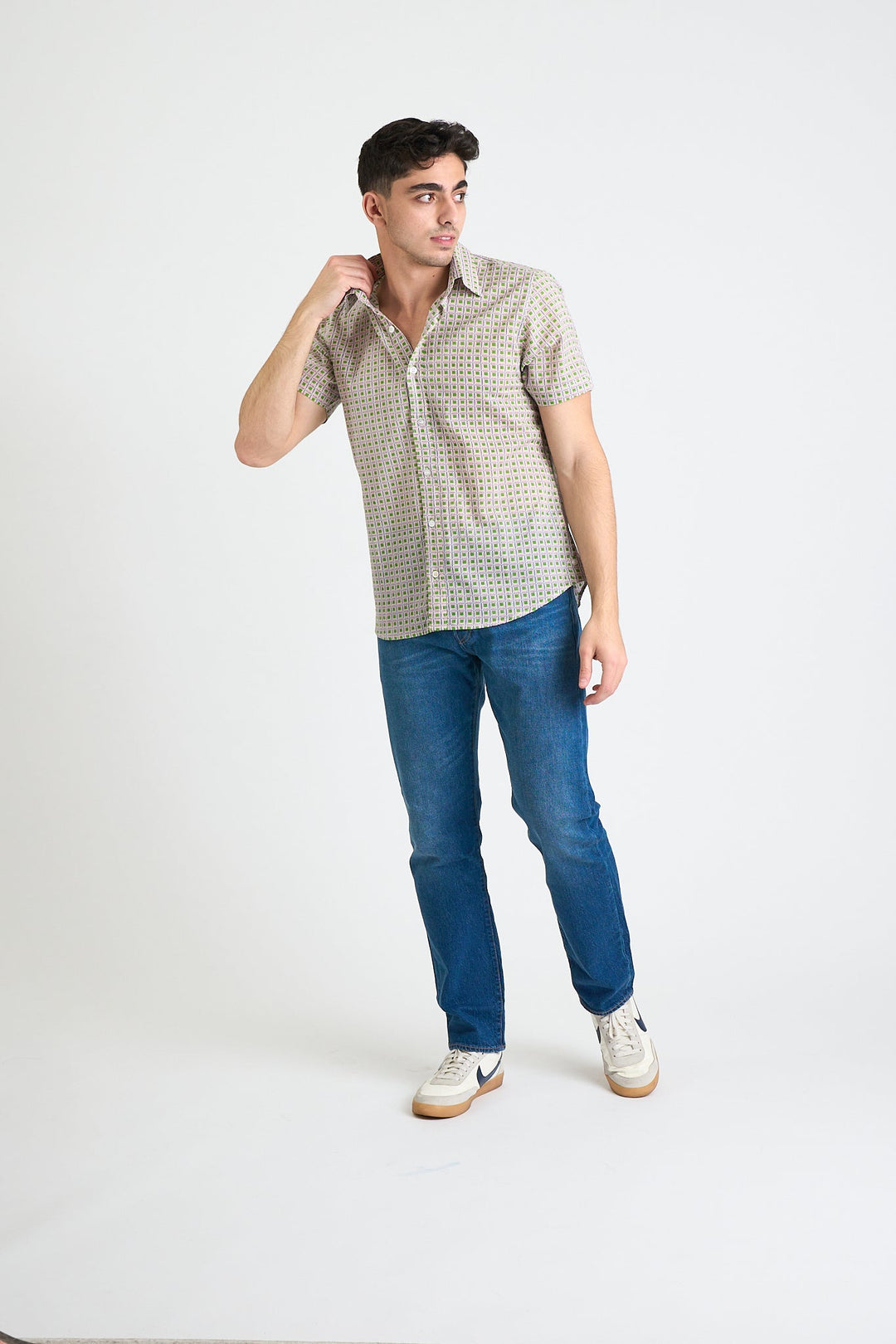 Hand Block Printed 'The Sheril' Short Sleeve Shirt in Neon Green Grid