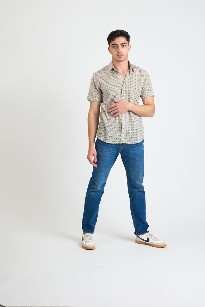 Hand Block Printed 'The Sheril' Short Sleeve Shirt in Neon Green Grid