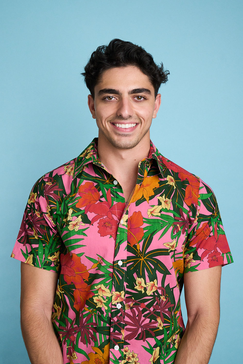 Hand Printed 'The Prat' Short Sleeve Shirt in Pink Floral print