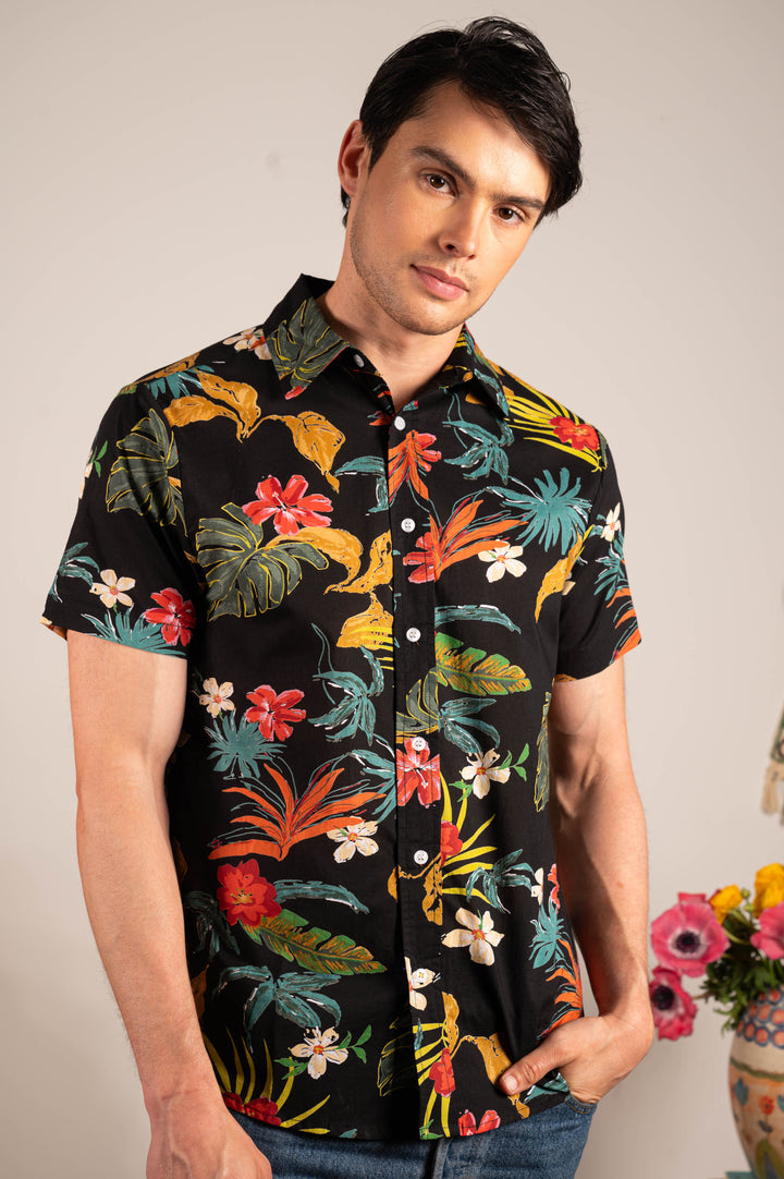Hand Printed 'The Prat' Short Sleeve Shirt in Black Tropical Floral Print
