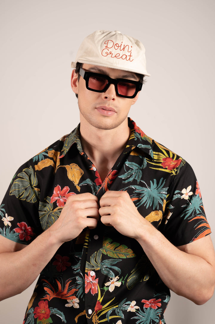 Hand Printed 'The Prat' Short Sleeve Shirt in Black Tropical Floral Print