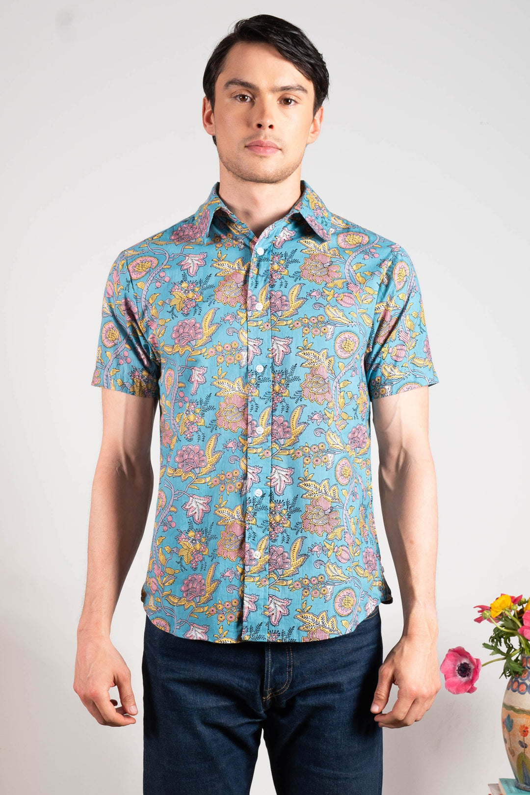 Hand Printed 'The Prat' Short Sleeve Shirt in Light Blue Mughal Floral Print