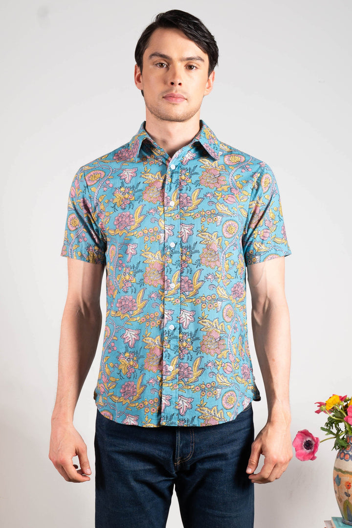 Hand Printed 'The Prat' Short Sleeve Shirt in Light Blue Mughal Floral Print