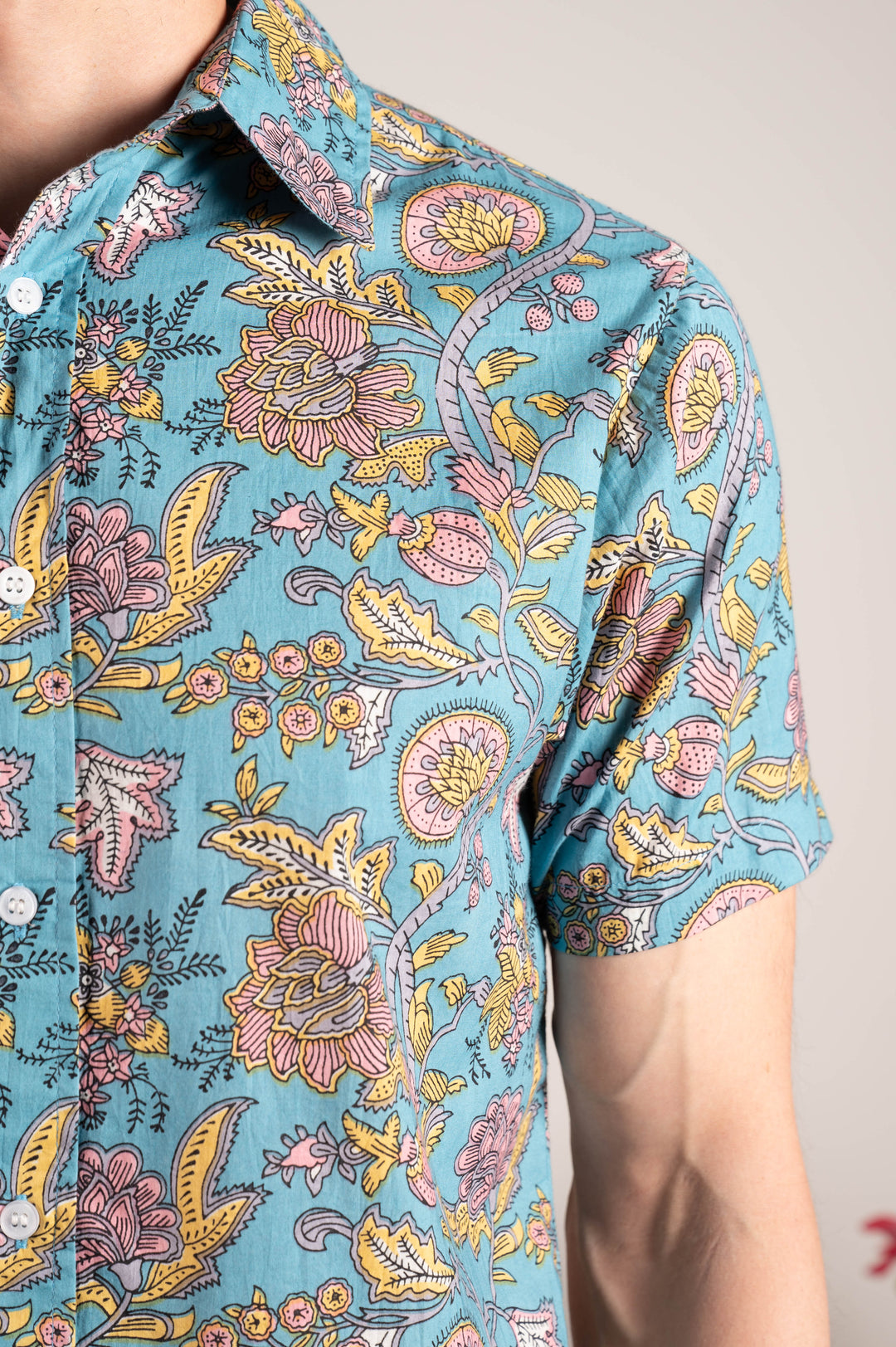 Hand Printed 'The Prat' Short Sleeve Shirt in Light Blue Mughal Floral Print