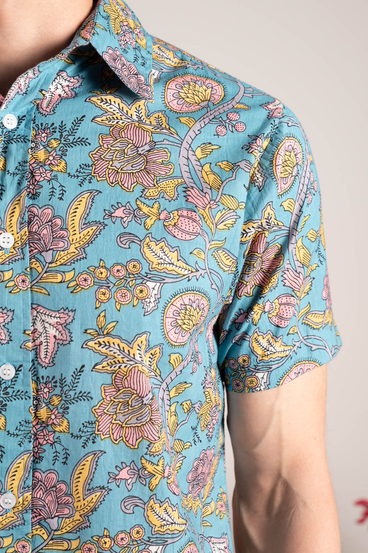 Hand Printed 'The Prat' Short Sleeve Shirt in Light Blue Mughal Floral Print