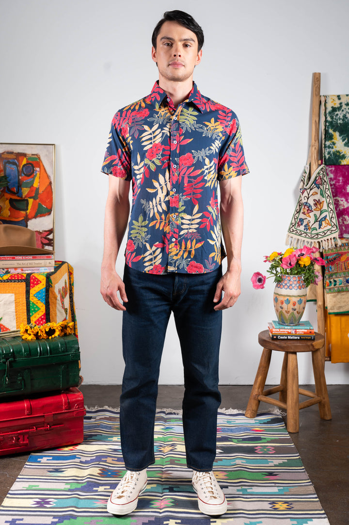 Hand Printed 'The Prat' Short Sleeve Shirt in Royal Blue Floral print