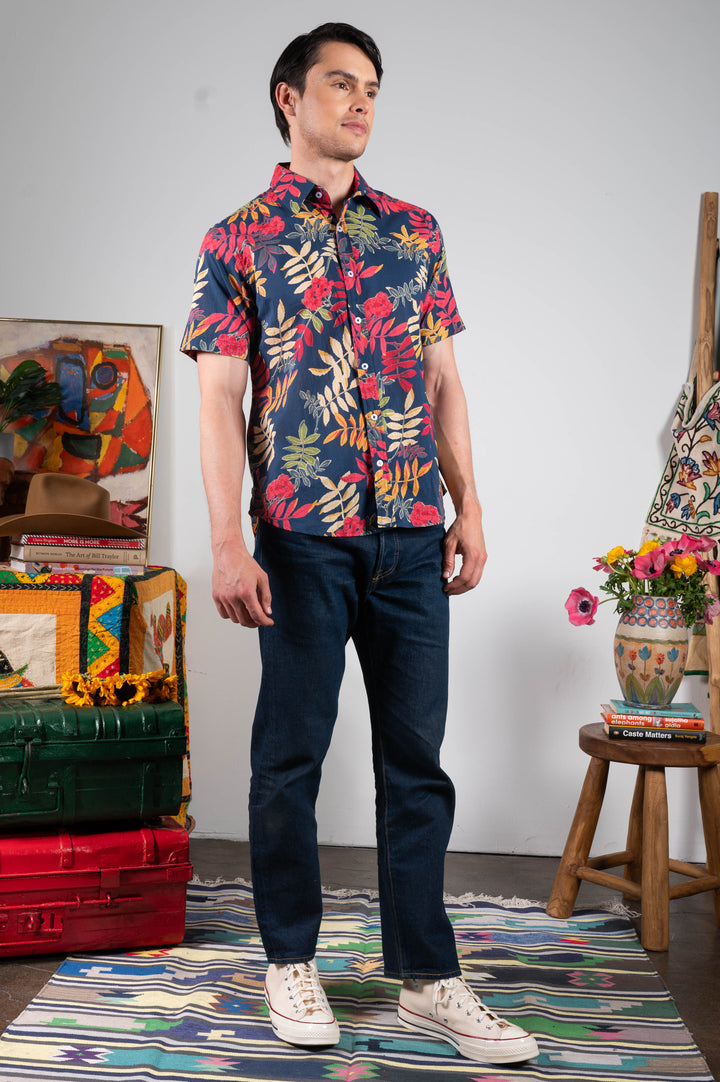 Hand Printed 'The Prat' Short Sleeve Shirt in Royal Blue Floral print