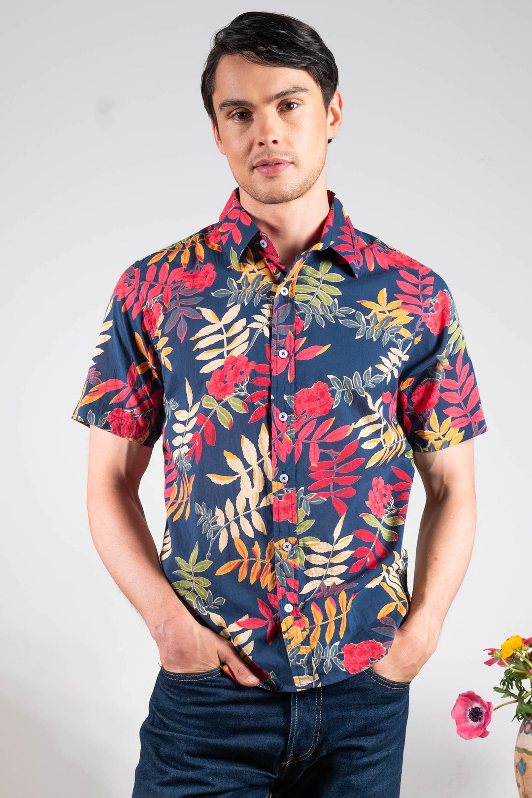 Hand Printed 'The Prat' Short Sleeve Shirt in Royal Blue Floral print