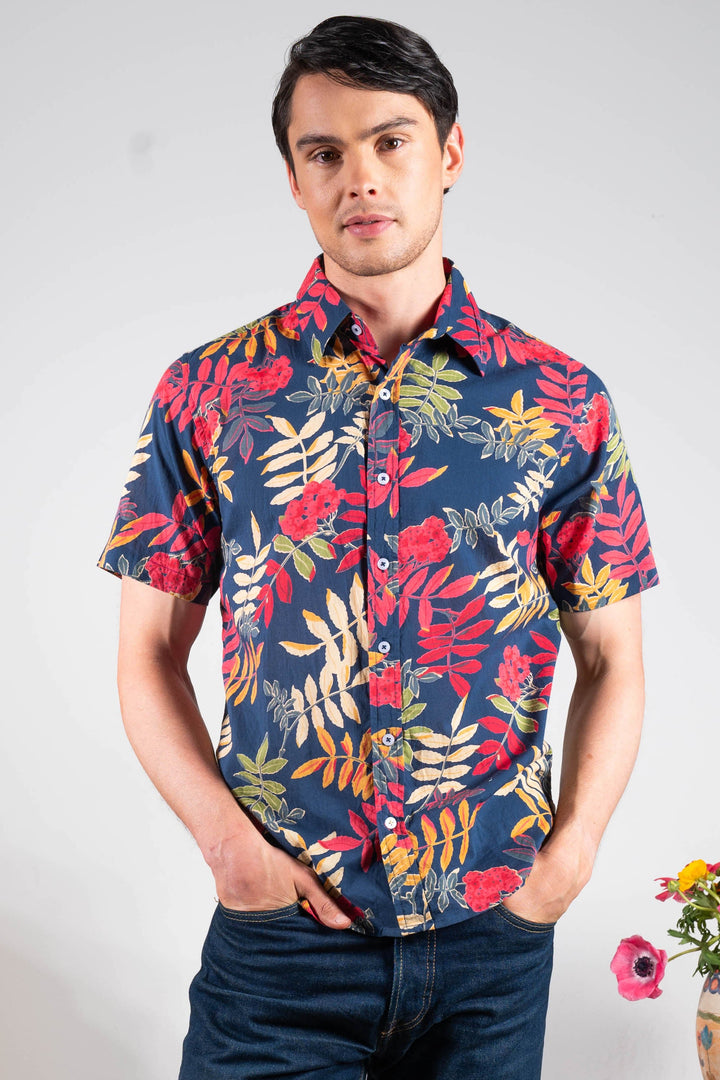 Hand Printed 'The Prat' Short Sleeve Shirt in Royal Blue Floral print
