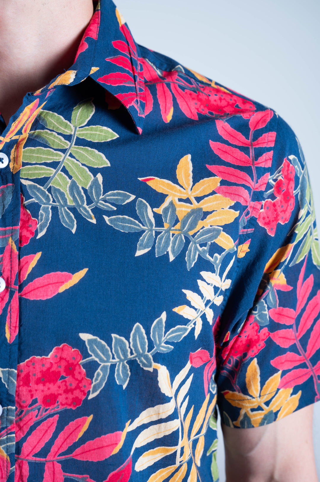 Hand Printed 'The Prat' Short Sleeve Shirt in Royal Blue Floral print