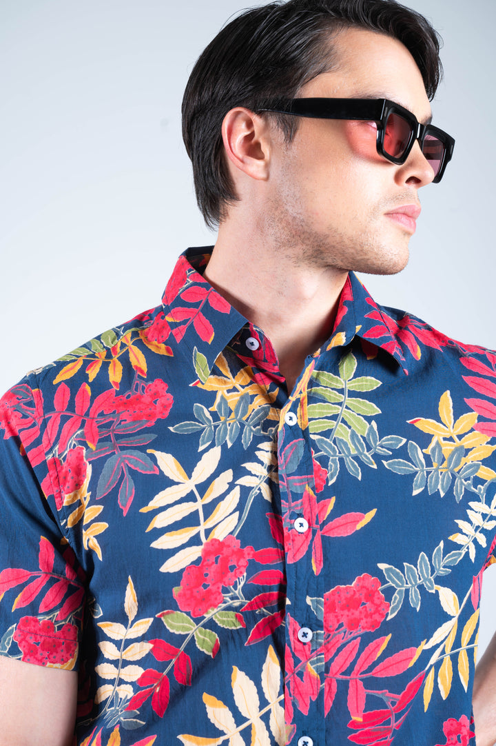 Hand Printed 'The Prat' Short Sleeve Shirt in Royal Blue Floral print