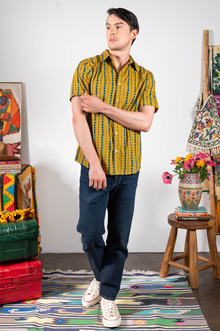 Hand Printed 'The Sheril' Short Sleeve Shirt in Mustard and Teal Print