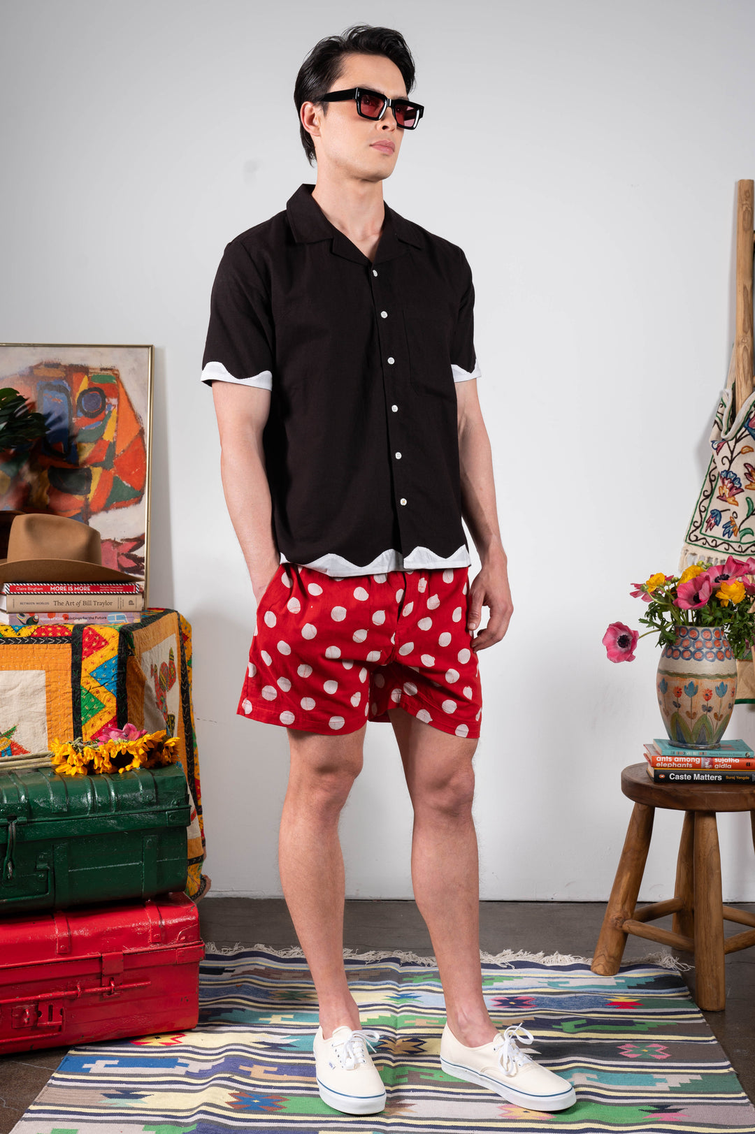 'The Don' Camp Collar Shirt in Black Flower Appliqué