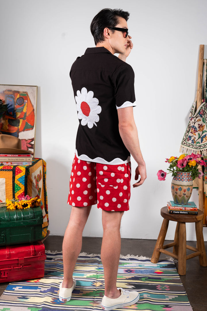 'The Don' Camp Collar Shirt in Black Flower Appliqué