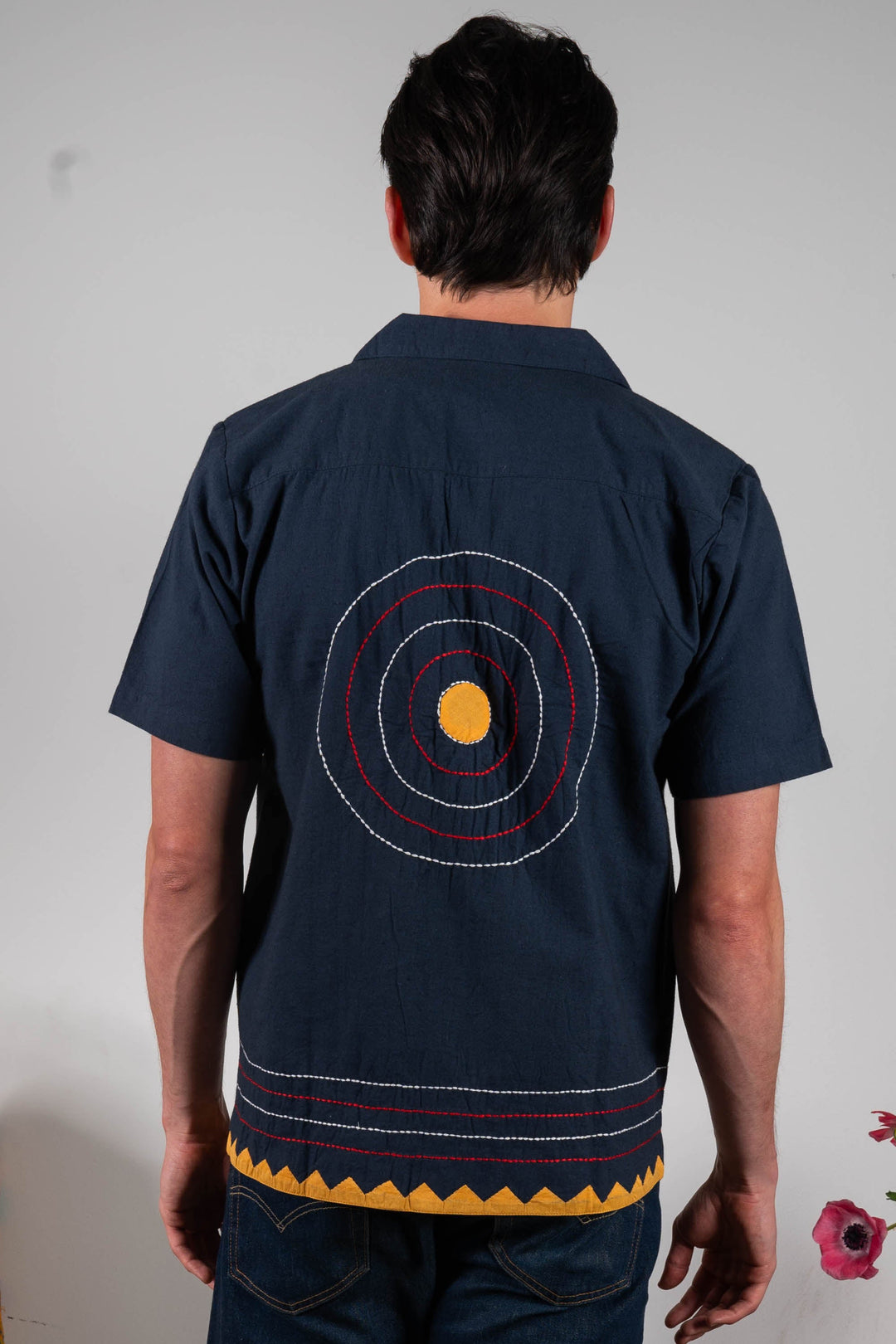 'The Don' Camp Collar Shirt in Navy Appliqué and Embroidery
