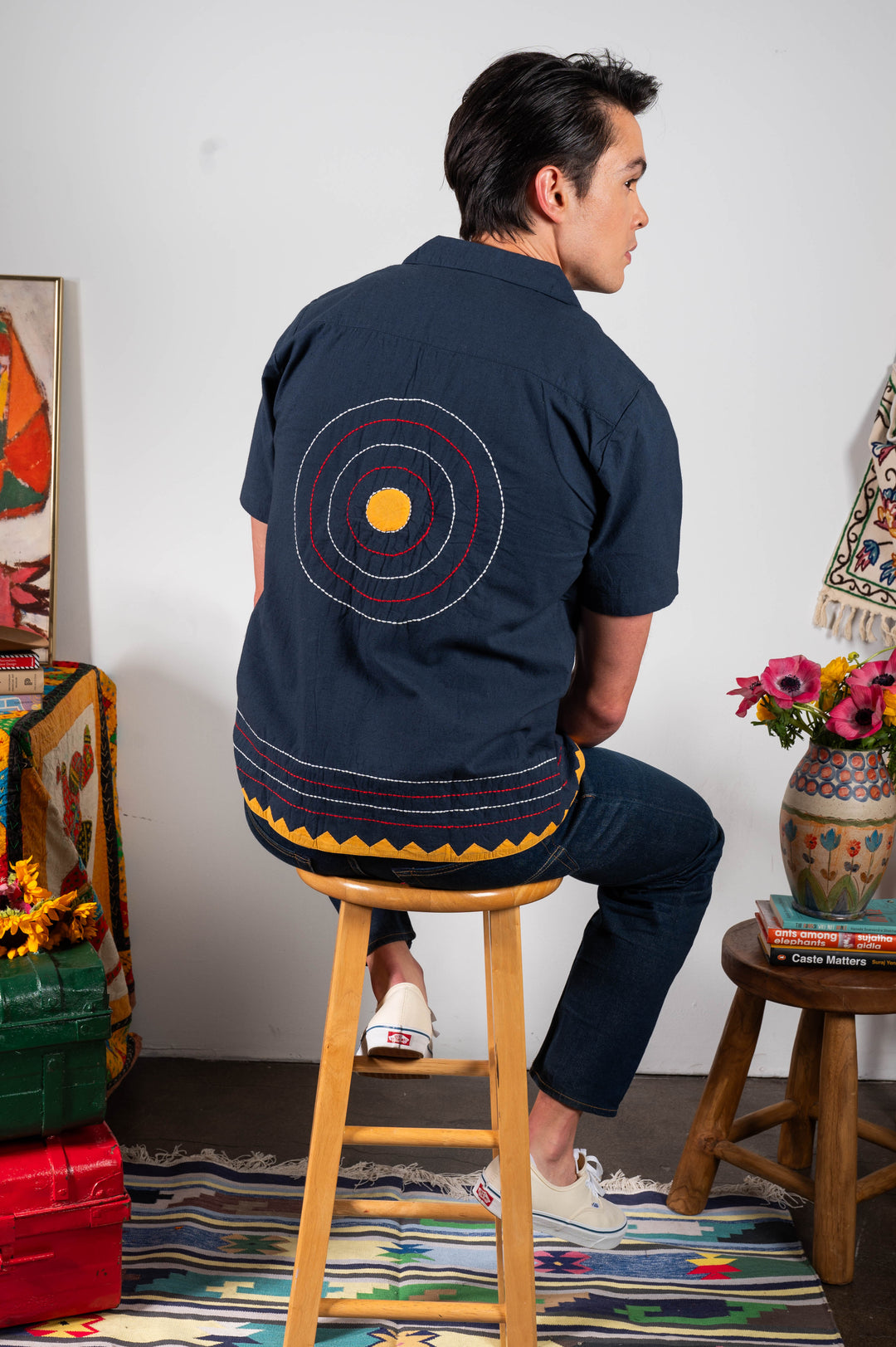 'The Don' Camp Collar Shirt in Navy Appliqué and Embroidery