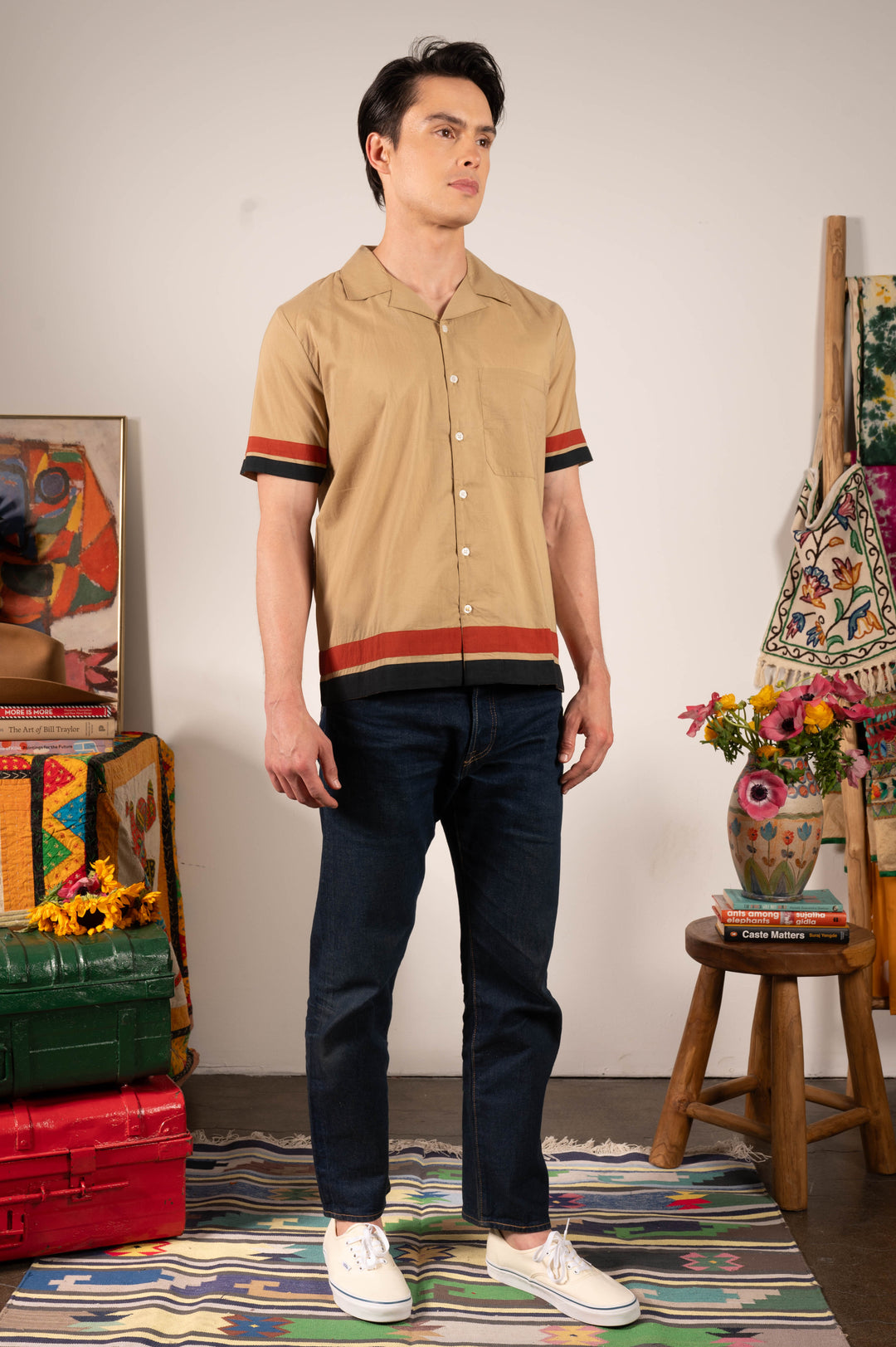 'The Don' Camp Collar Shirt in Khaki Ivy Stripe