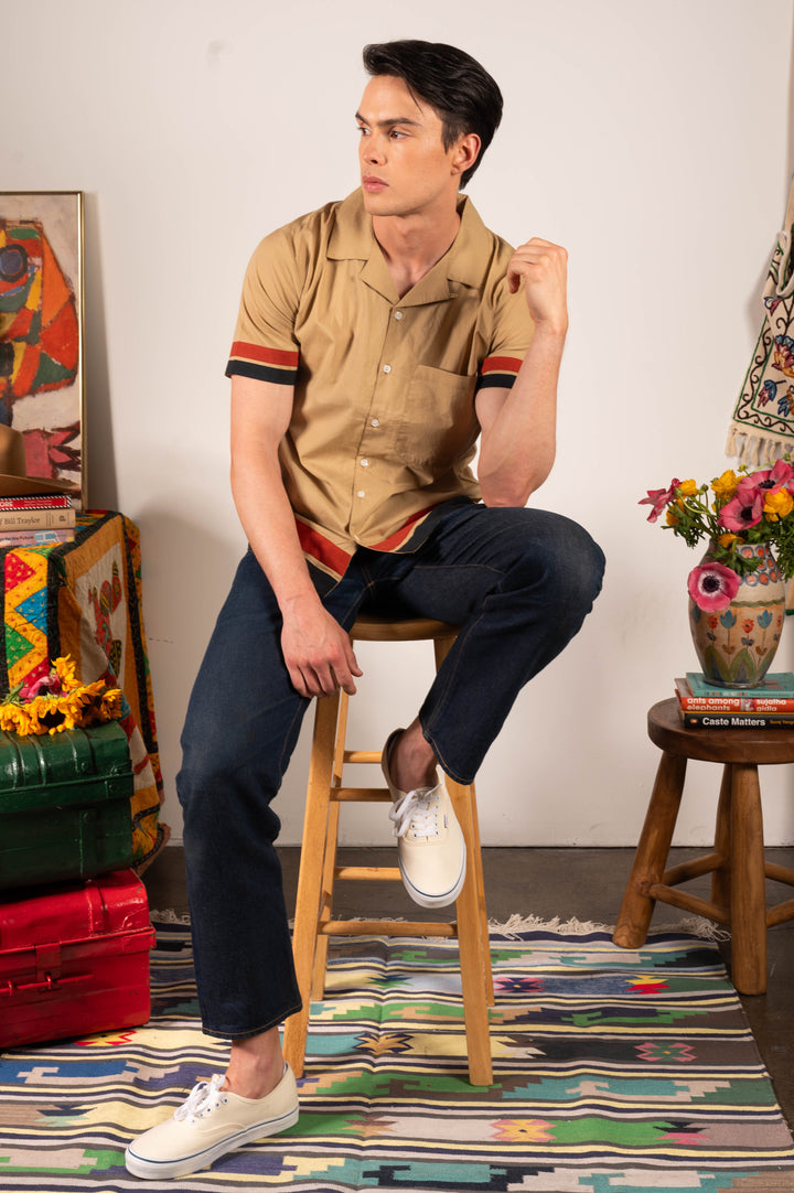 'The Don' Camp Collar Shirt in Khaki Ivy Stripe