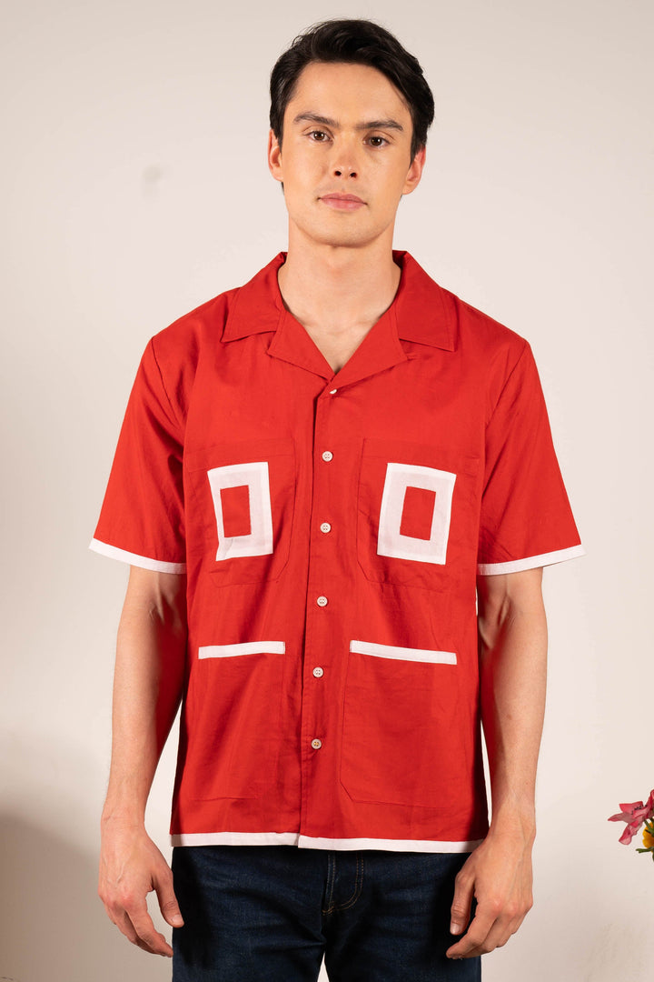 'The Don' Camp Collar Shirt in Red Patchwork Stripe