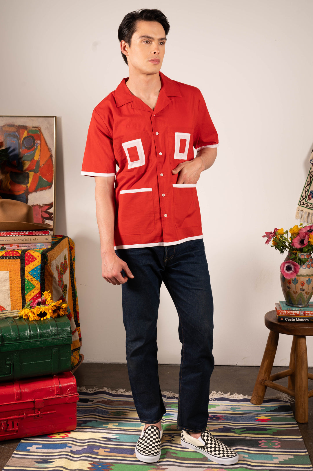 'The Don' Camp Collar Shirt in Red Patchwork Stripe