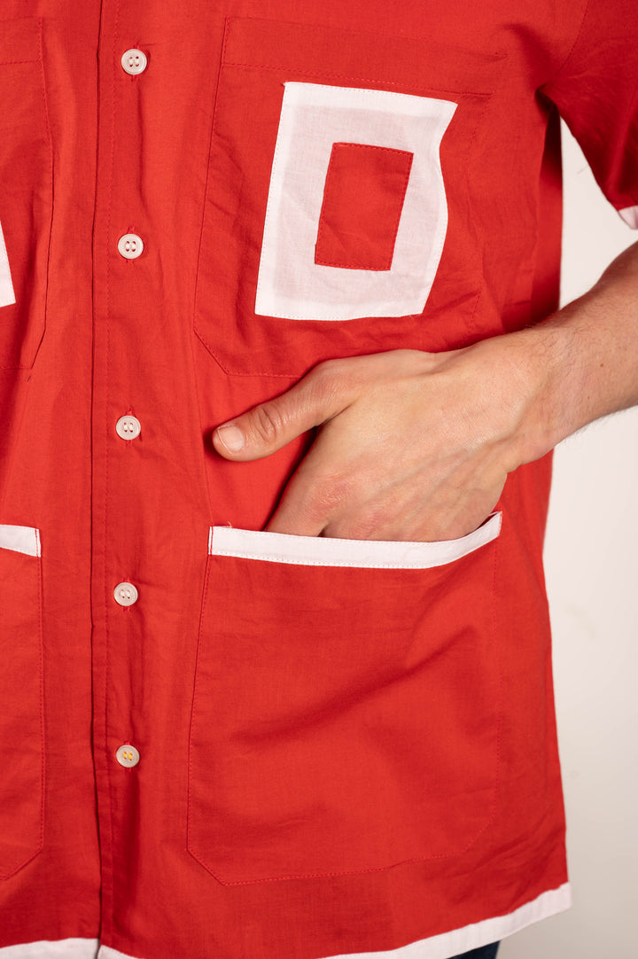 'The Don' Camp Collar Shirt in Red Patchwork Stripe