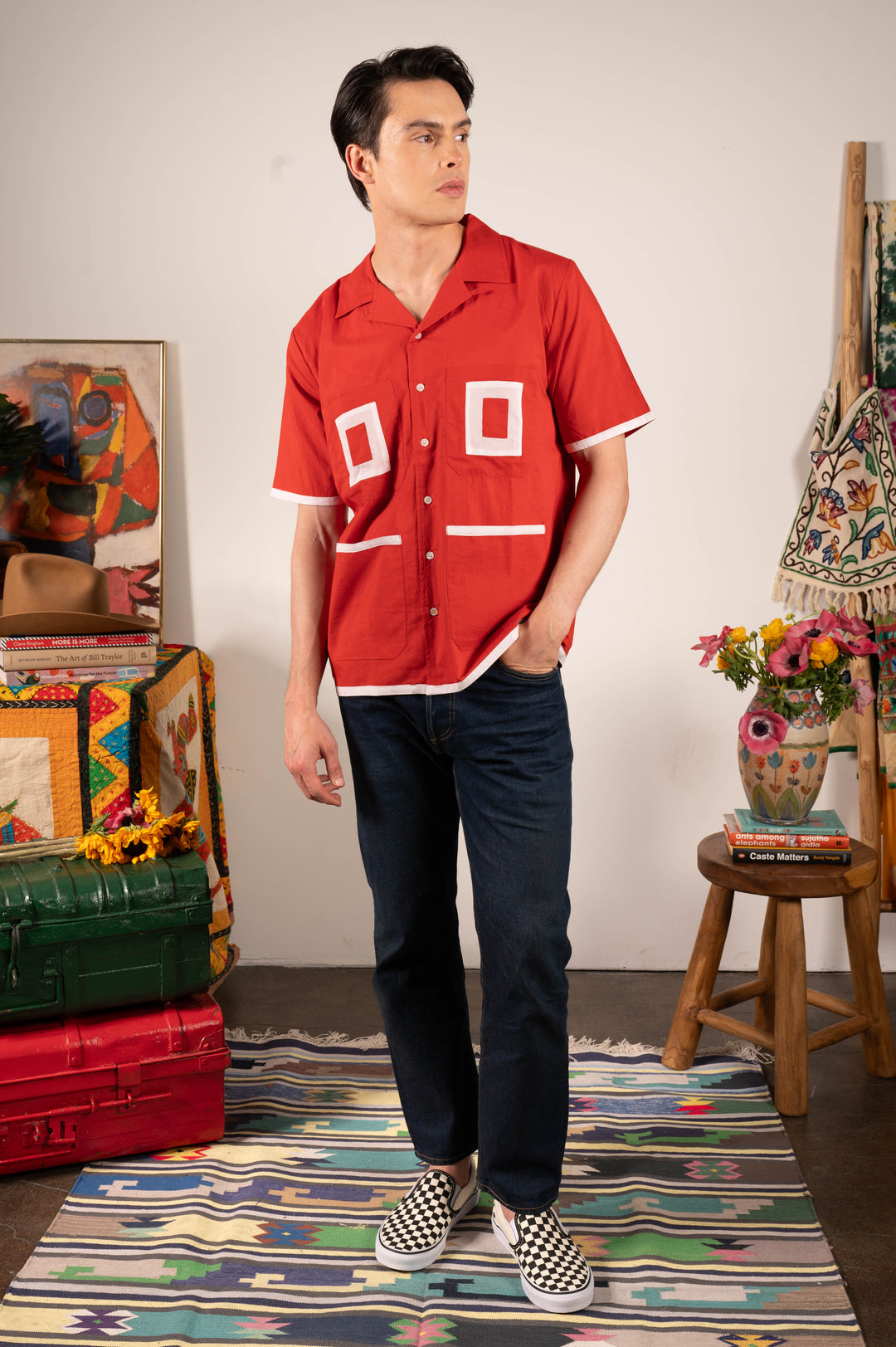 'The Don' Camp Collar Shirt in Red Patchwork Stripe