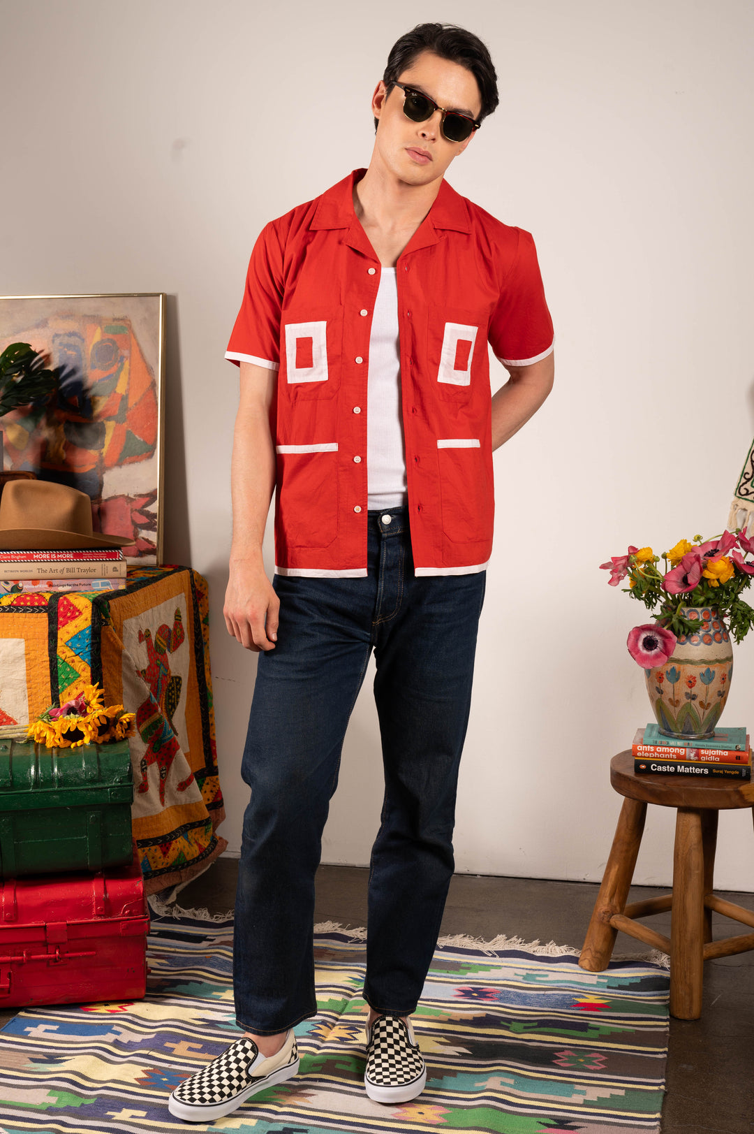 'The Don' Camp Collar Shirt in Red Patchwork Stripe