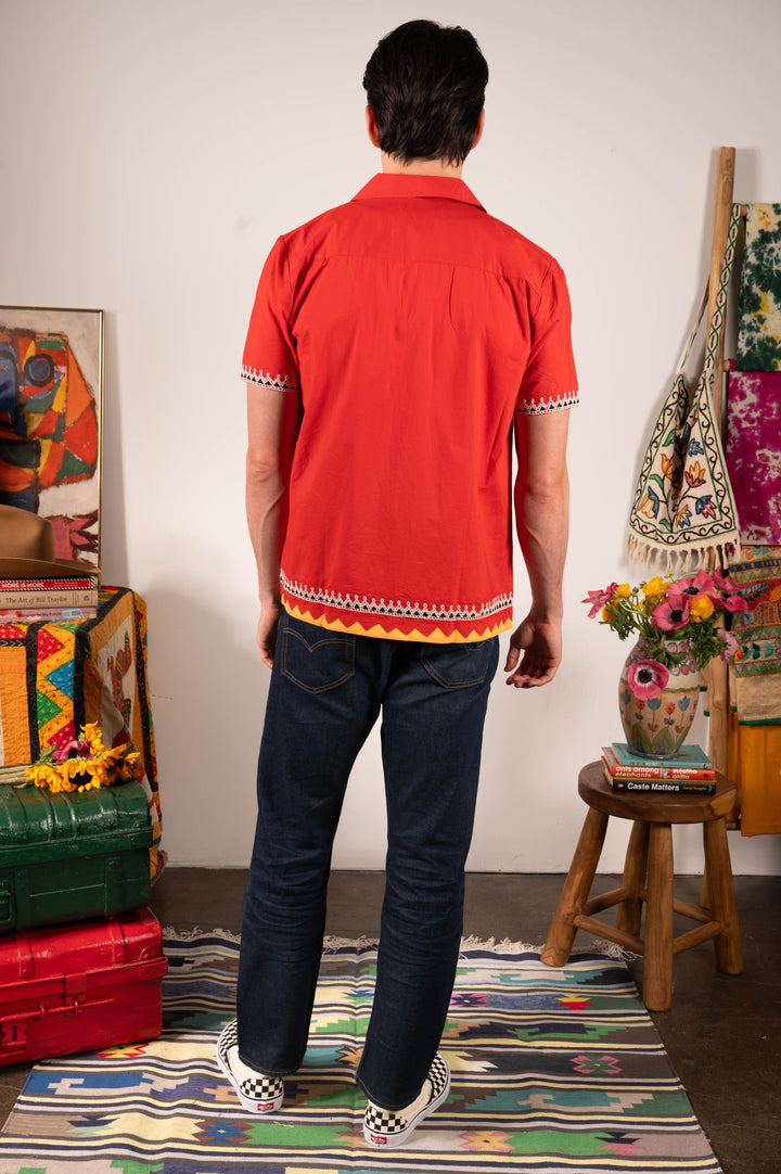 'The Don' Camp Collar Shirt in Red Tribal Embroidery