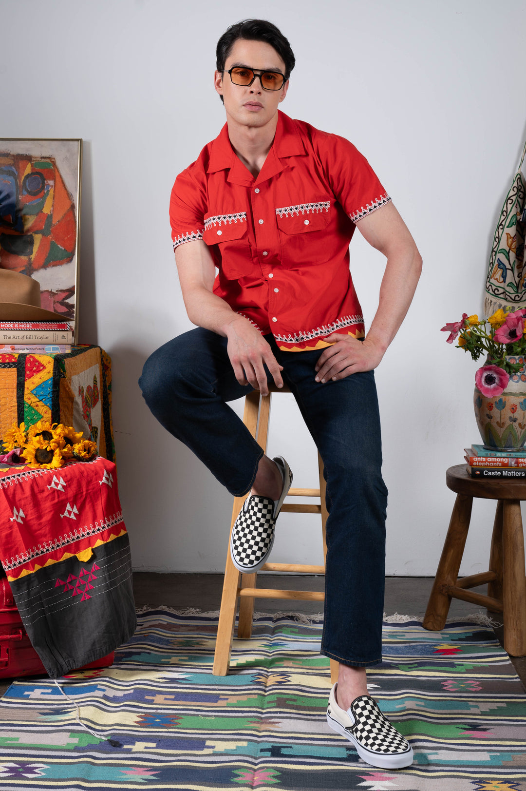 'The Don' Camp Collar Shirt in Red Tribal Embroidery