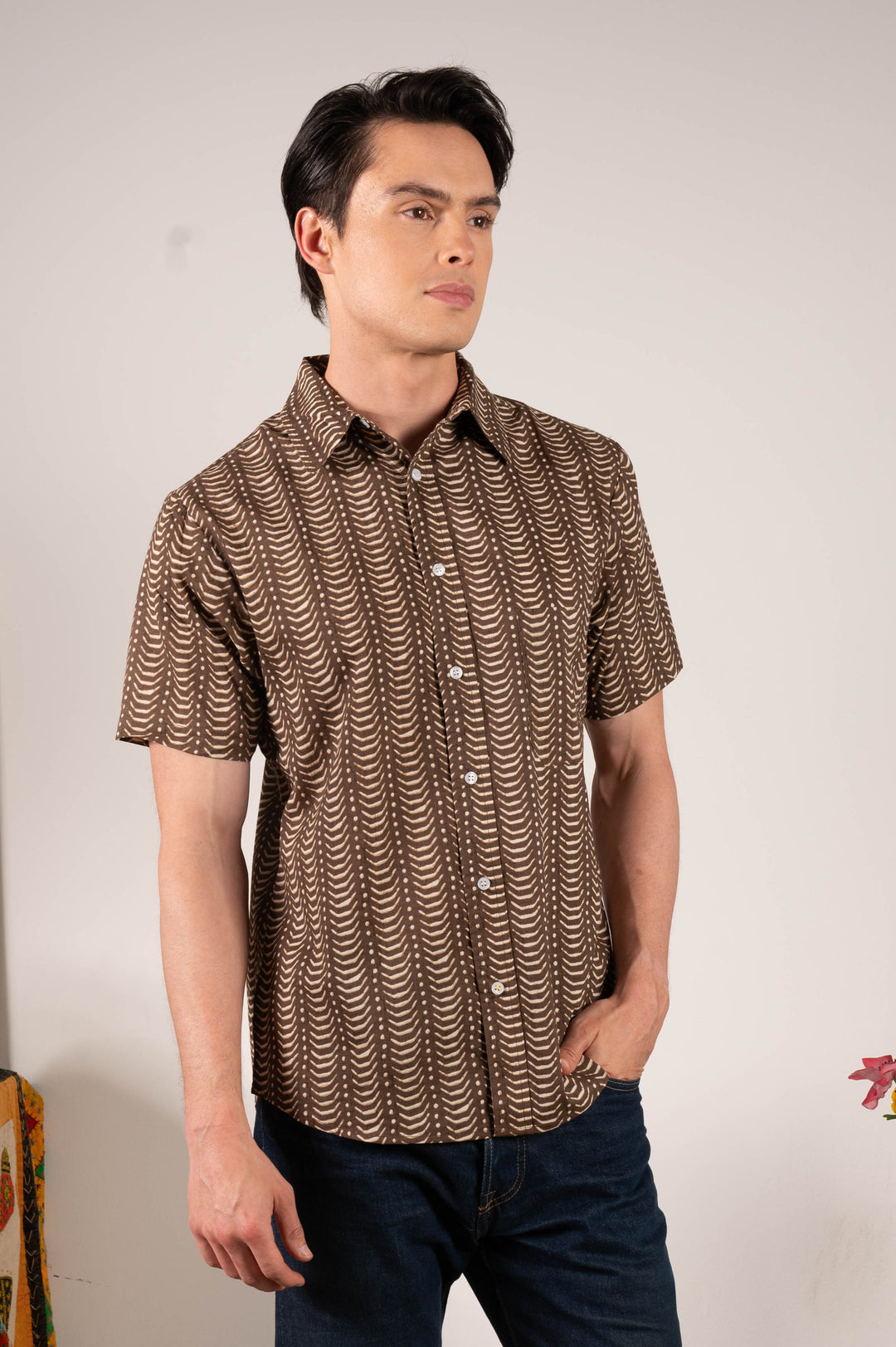 Hand Printed 'The Folk' Short Sleeve Shirt in Brown Zig-Zag Print
