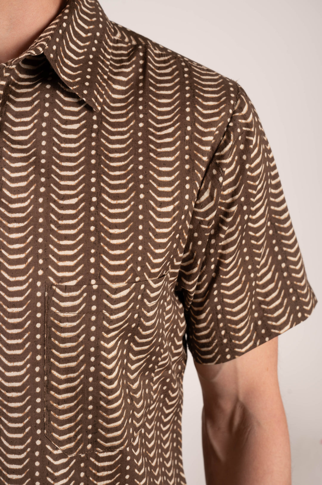 Hand Printed 'The Folk' Short Sleeve Shirt in Brown Zig-Zag Print