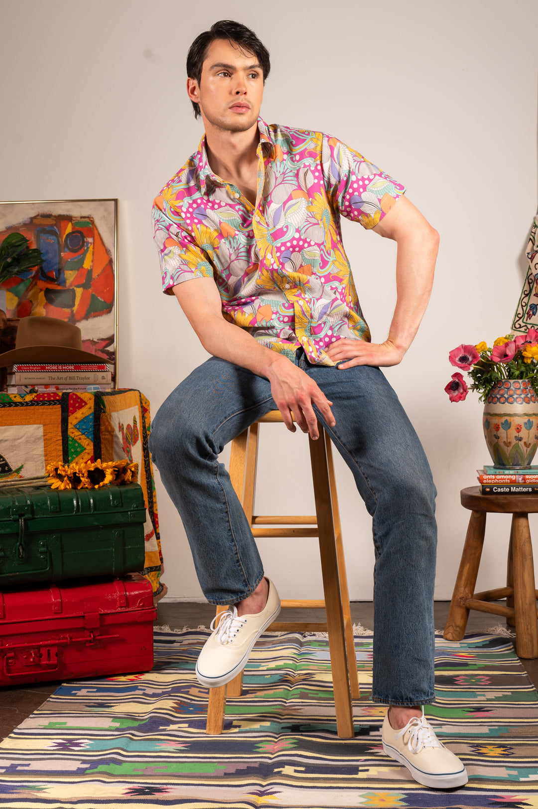 'The Sheril' Short Sleeve Shirt in Light Pink, Yellow and White (La Brea) Floral Print