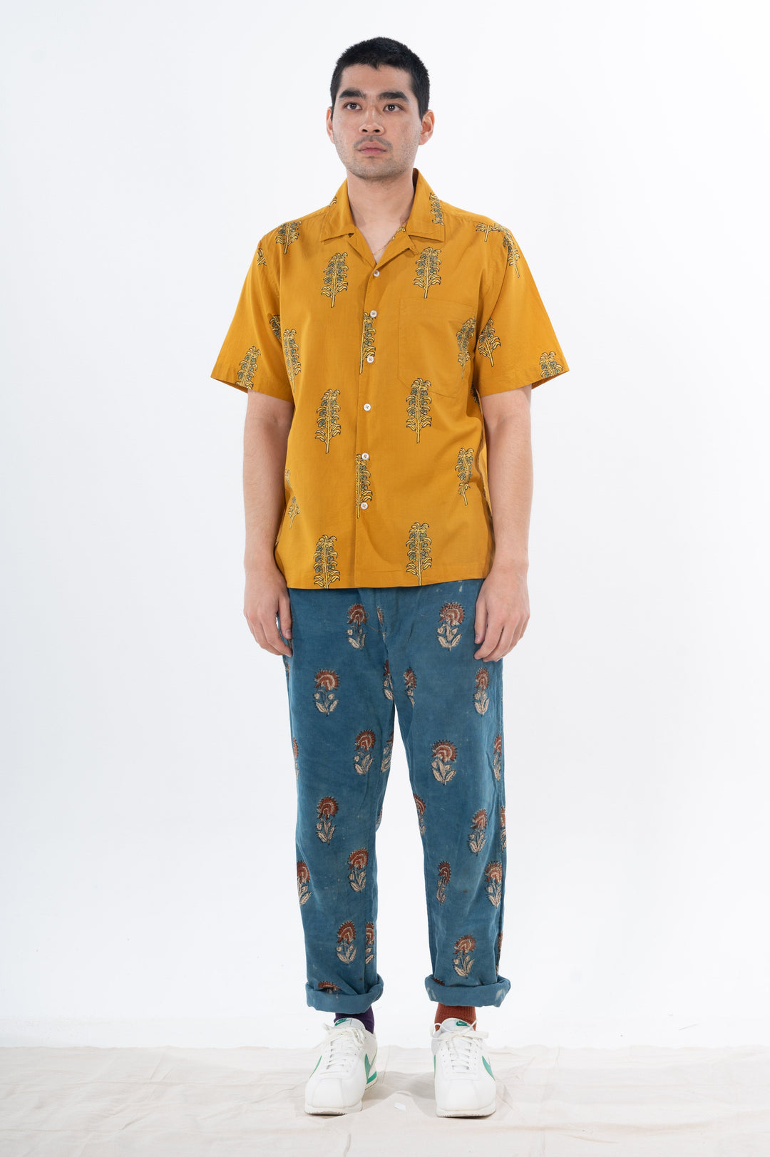 Hand Block Printed 'The Don' Camp Collar Shirt in Mustard Motif