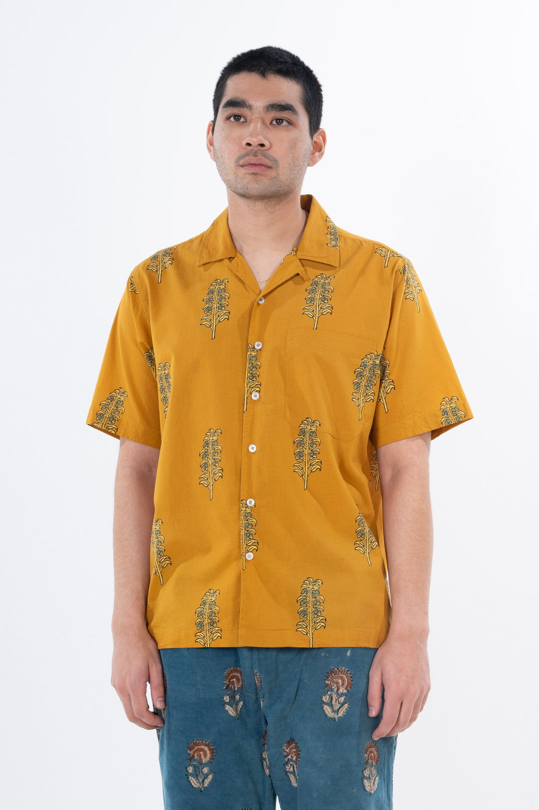 Hand Block Printed 'The Don' Camp Collar Shirt in Mustard Motif