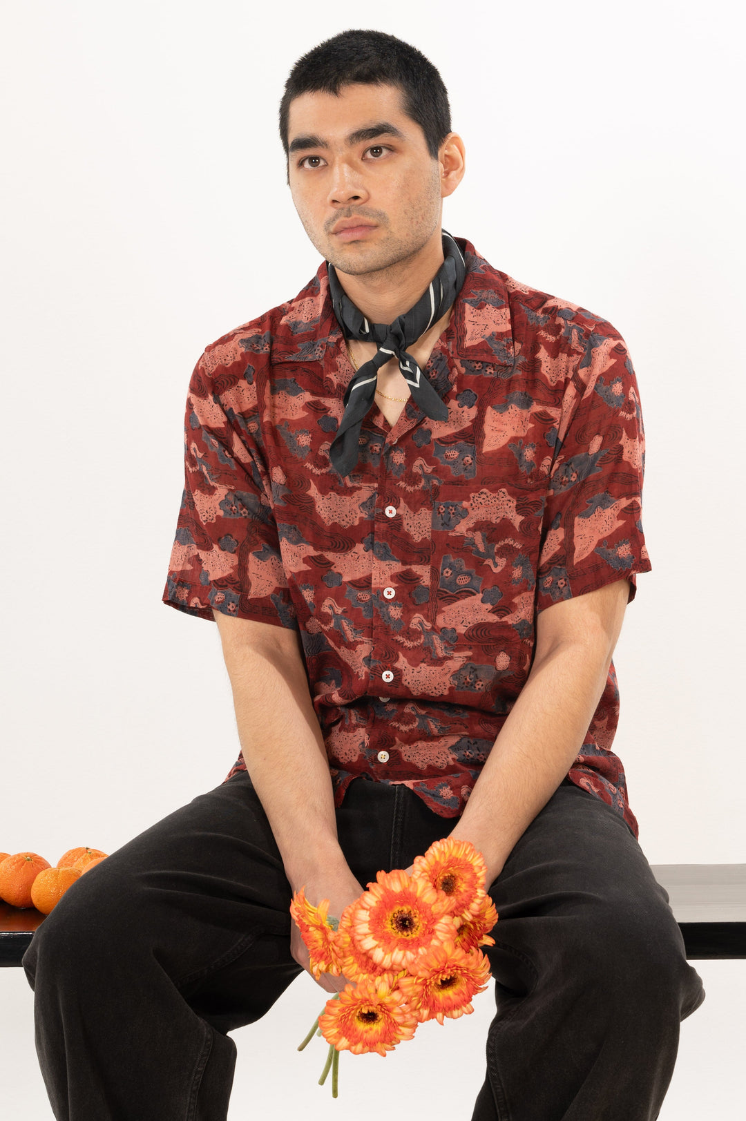 Hand Block Printed 'The Don' Camp Collar Shirt in Maroon Abstract Print