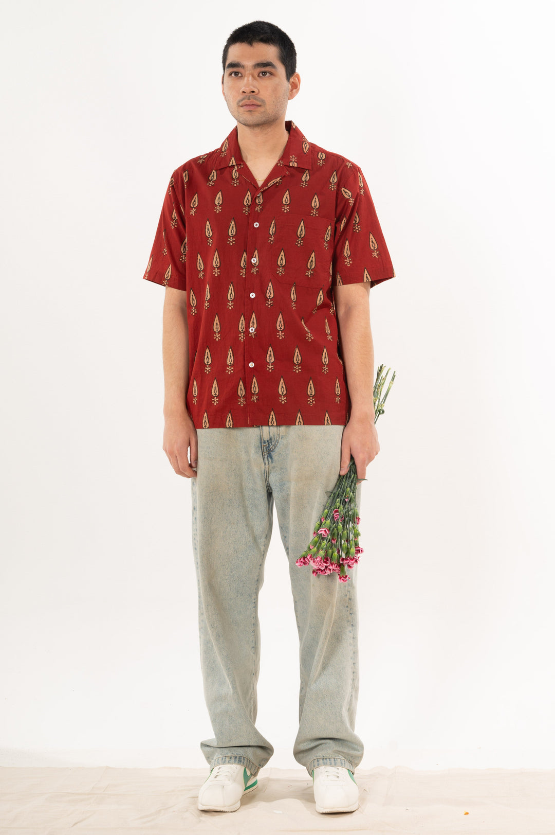 Hand Block Printed 'The Don' Camp Collar Shirt in Maroon Motif