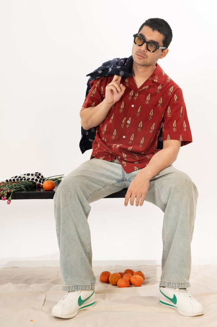 Hand Block Printed 'The Don' Camp Collar Shirt in Maroon Motif