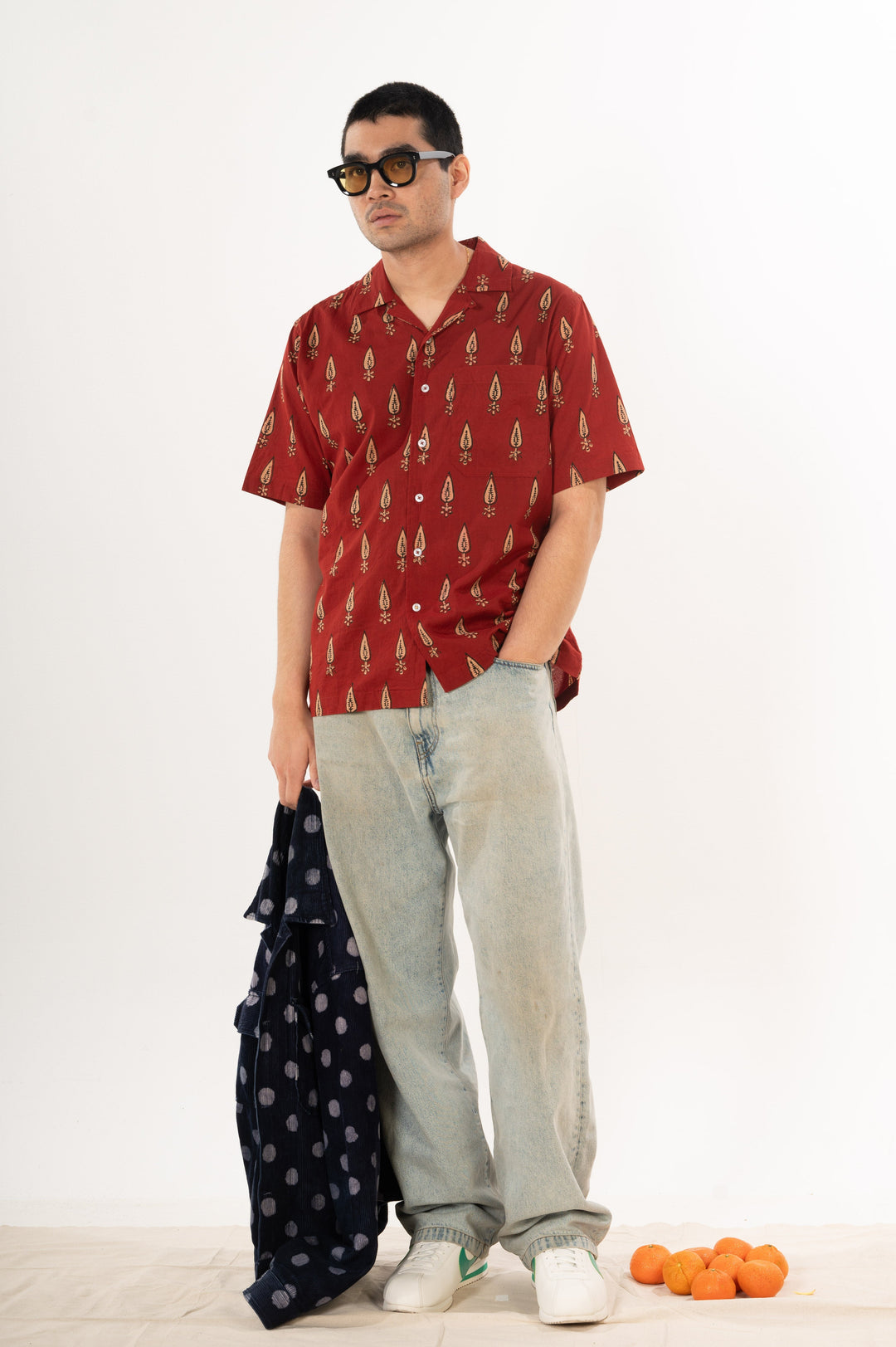 Hand Block Printed 'The Don' Camp Collar Shirt in Maroon Motif