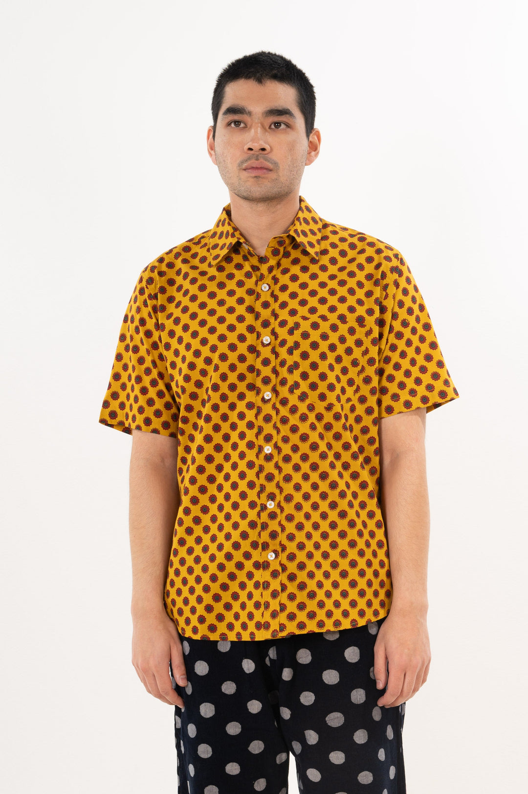 Hand Printed 'The Folk' Short Sleeve Shirt in Mustard and Red