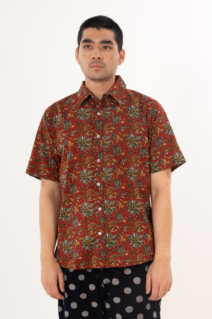 Hand Printed 'The Folk' Short Sleeve Shirt in French Maroon Floral
