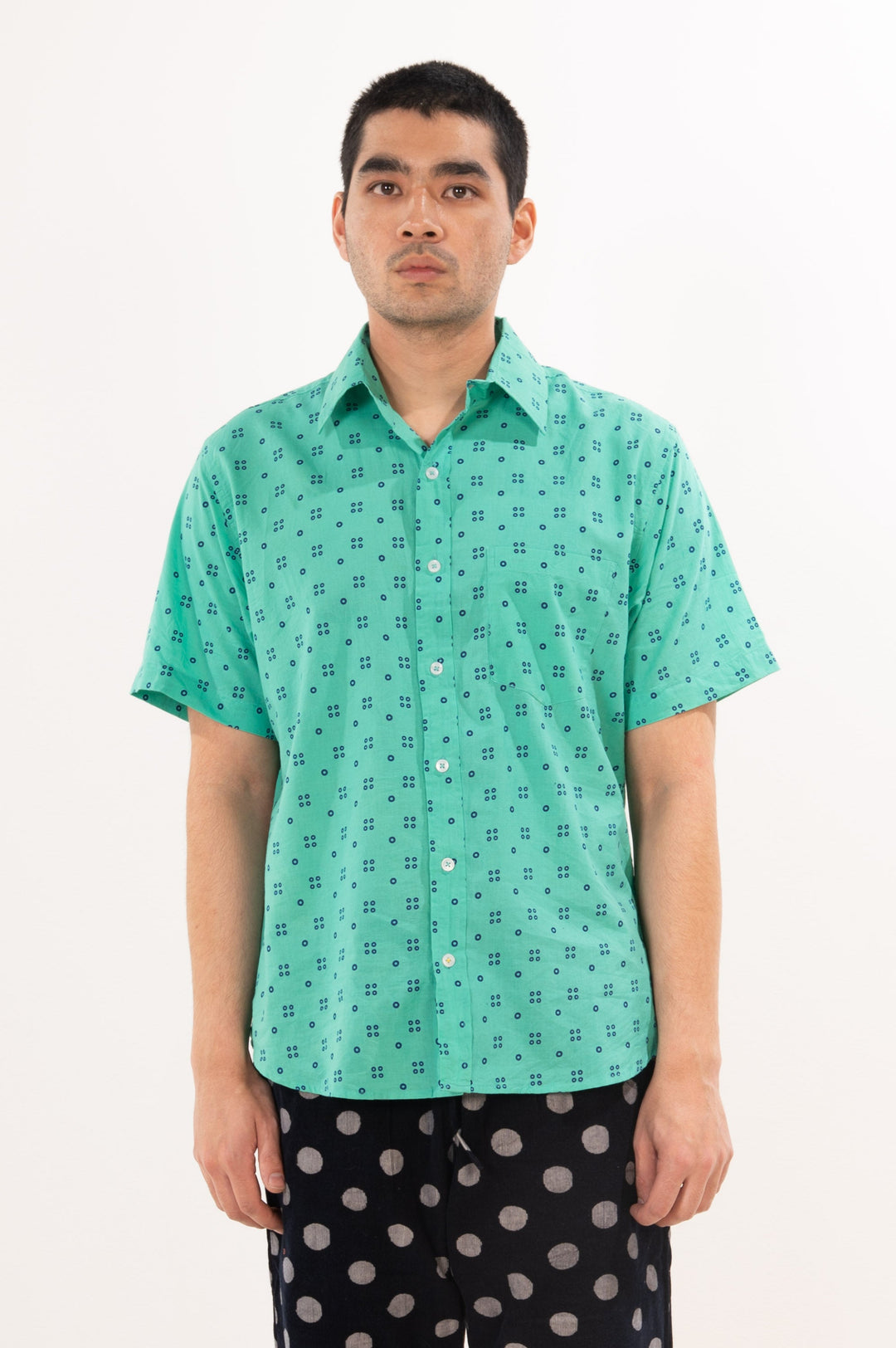 Hand Printed 'The Folk' Short Sleeve Shirt in Navy and Mint Dots