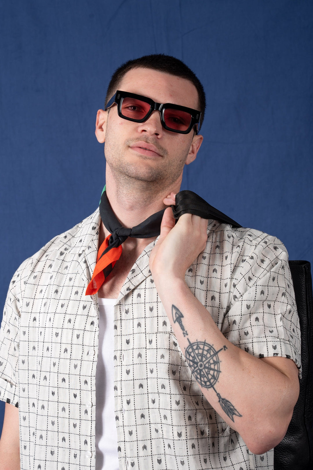 'The Don' Camp Shirt in White with Black Jamdani Embroidery