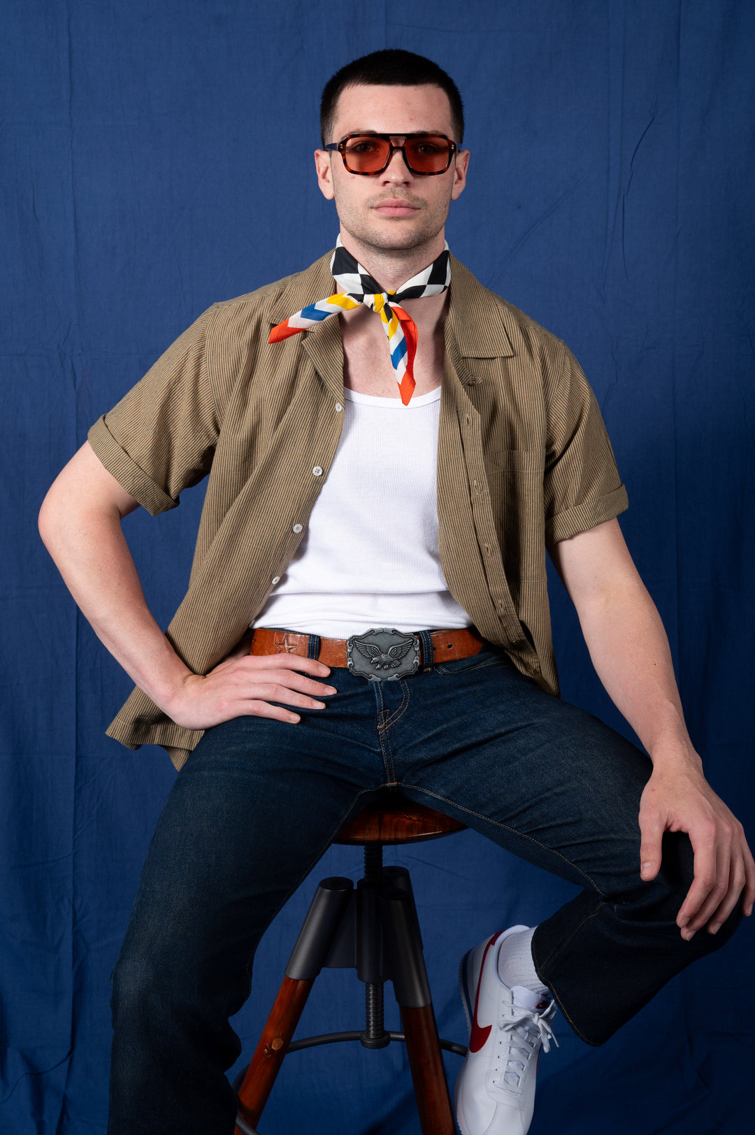 'The Don' Camp Shirt in Olive Oxford Stripes