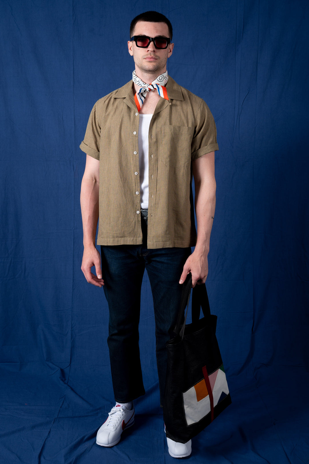 'The Don' Camp Shirt in Olive Oxford Stripes