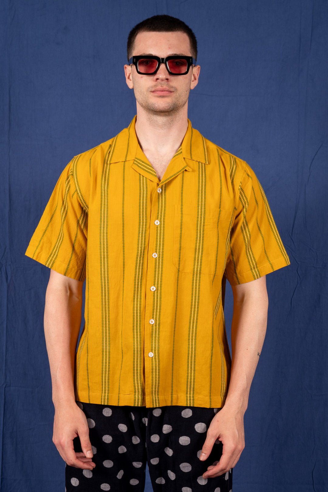 'The Don' Camp Shirt in Mustard with Green Jamdani Embroidery