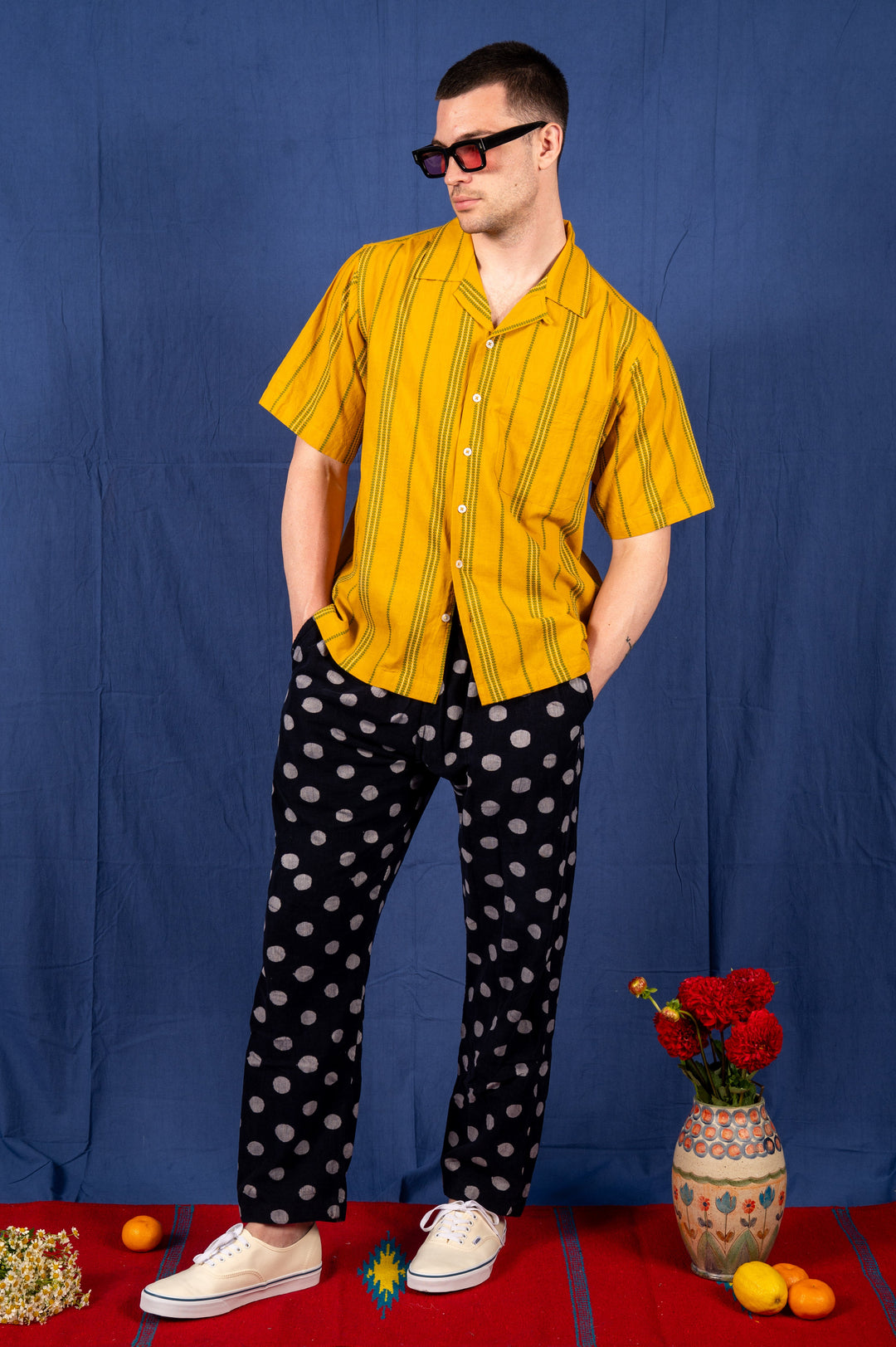 'The Don' Camp Shirt in Mustard with Green Jamdani Embroidery